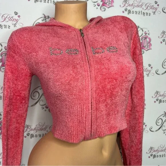Bebe furry sweater fuzzy cropped pink coral bling rhinestone logo zip up y2k - Picture 2 of 16